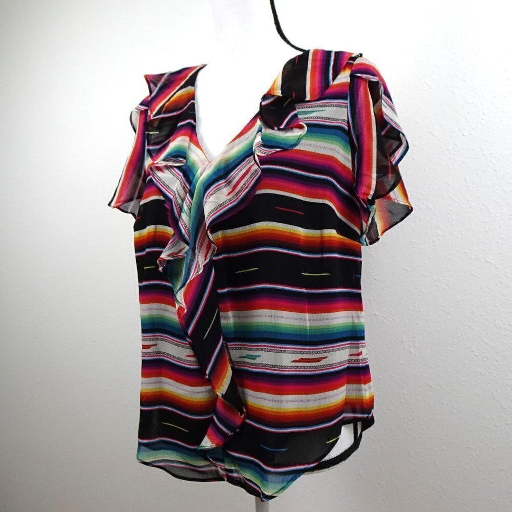 Ralph Lauren Ruffled Blouse Top Women's Size M Black Striped Flutter Sleeve